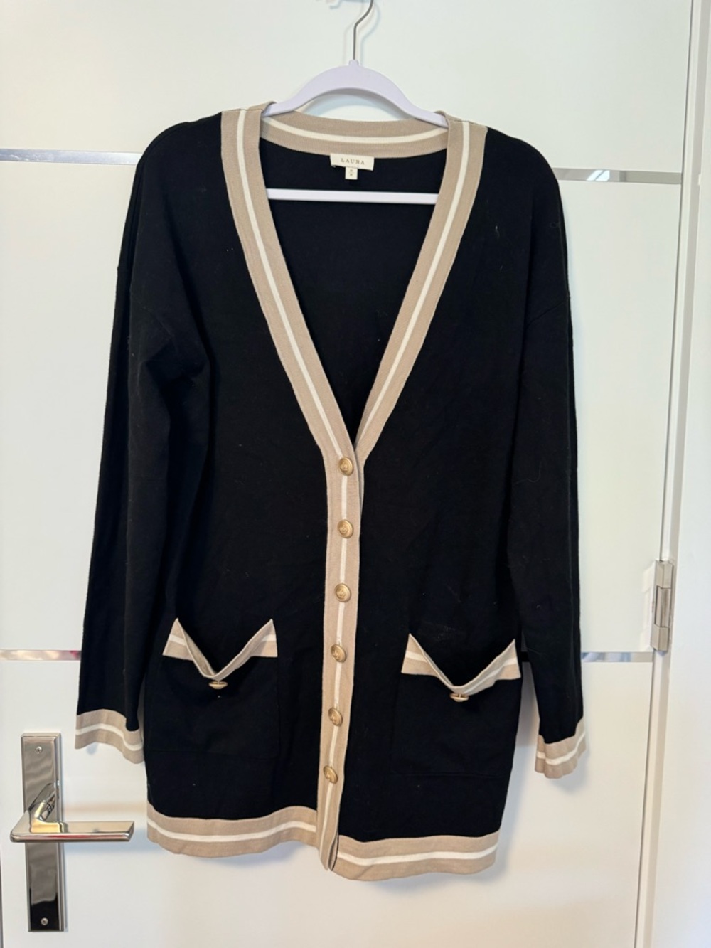 Aura Black Cardigan with Beige Contrast Trim and Gold Buttons